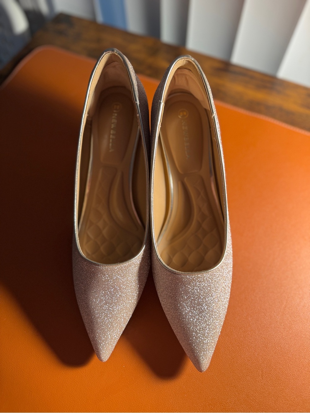 NEWBELLA Sparkly Pointed Toe Kitten Heels - Rose Gold / Champagne - Size 7 US